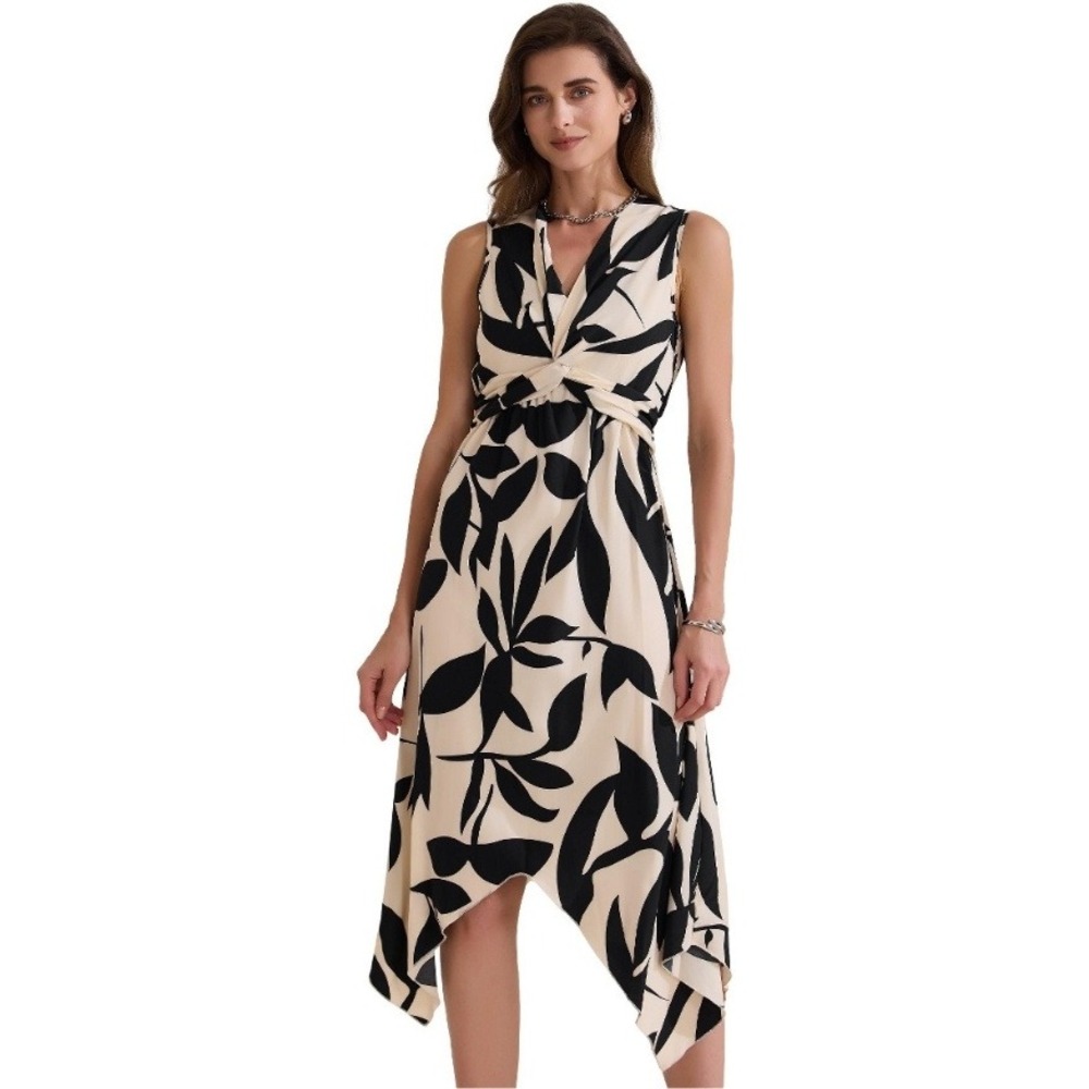 Allegra K Sleeveless V Neck Leaf Print Asymmetrical Hem Midi Dress Medium‎ NWT